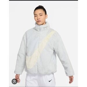 Nike Faux Fur Jacket Women's Full Zip Swoosh Gray Beige Comfy Coat